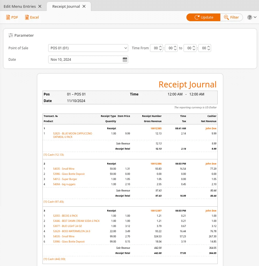 Receipt journal report