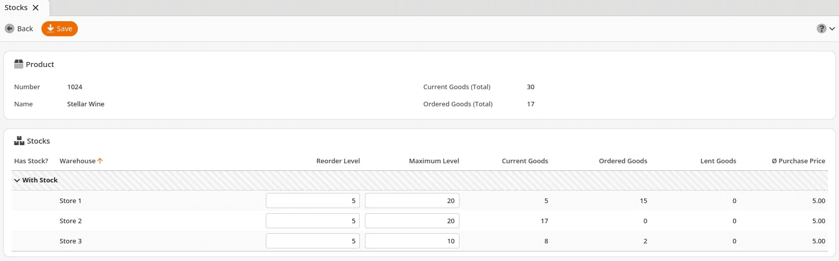 Stock for specific product example