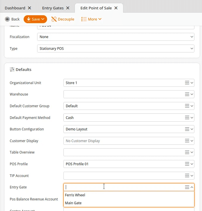 Assigning entry gate to POS terminal