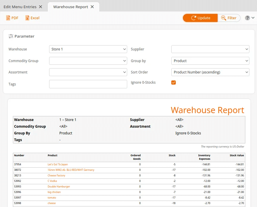 warehouse report grouped by product