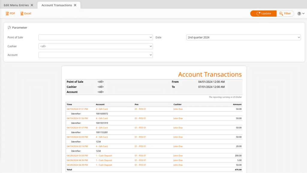 account transactions report