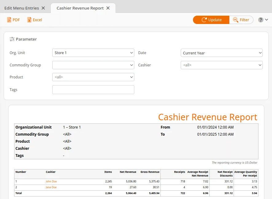 Cashier Revenue Report