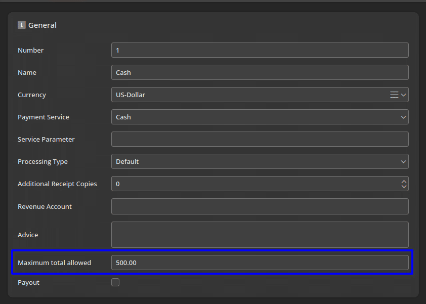Screenshot in KORONA Studio of managerial functions setting cashier Maxmium Total Allowed