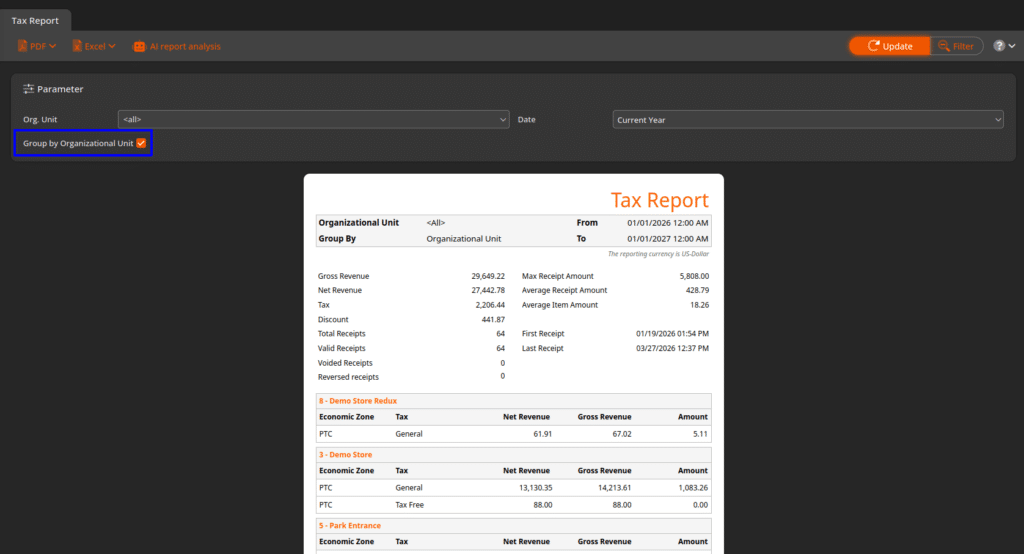 Screensshot of new Tax Report feature in KORONA Studio