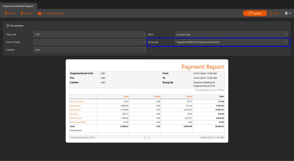Payment Report screenshot in KORONA Studio