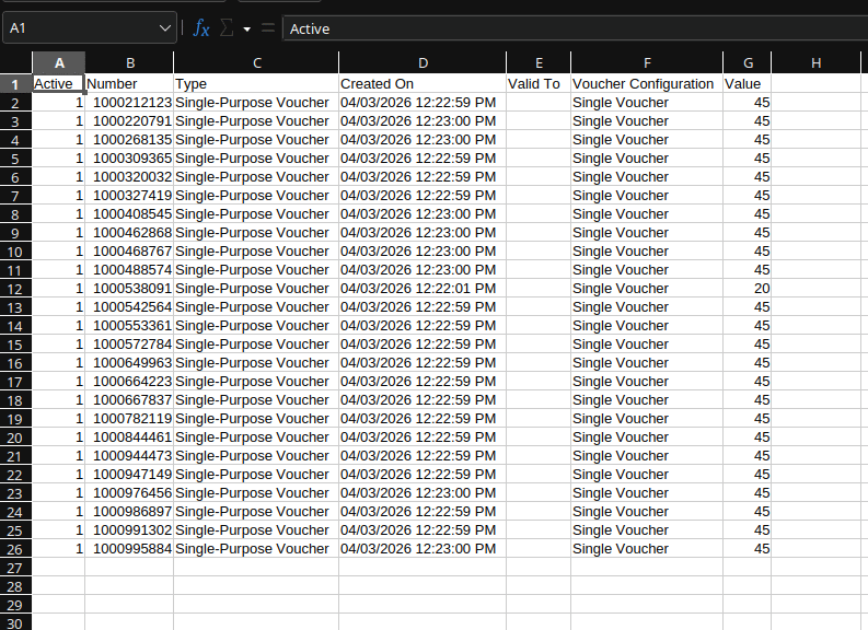 Vouchers in KORONA Studio exported to a Google Sheet