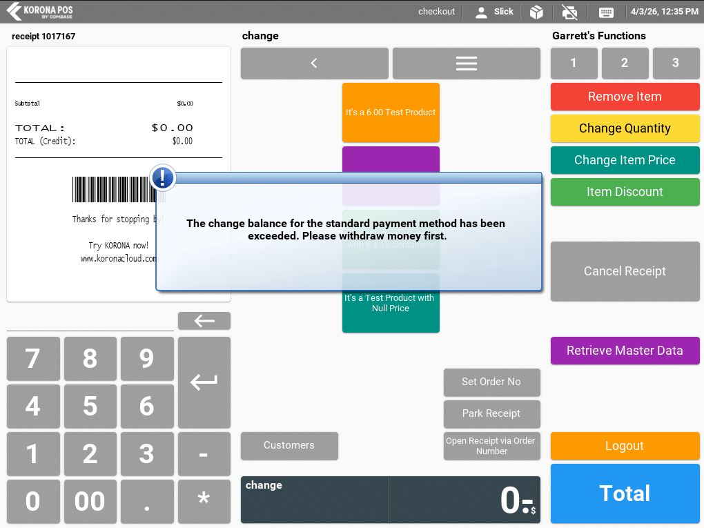 Screenshot in KORONA client of set dollar amount in cashier drawers